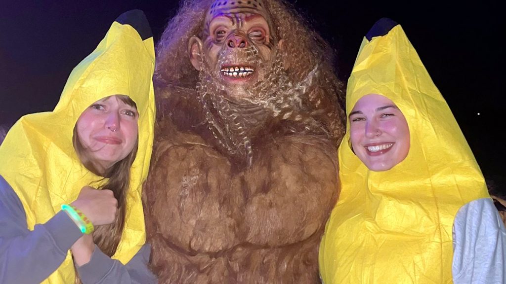 Bigfoot with two guests in banana costumes.