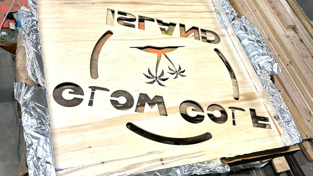 The back of a mini golf sign being built.