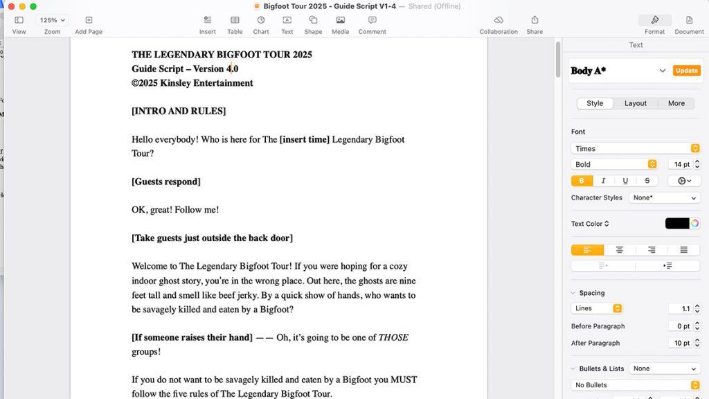Part of the show script for The Legendary Bigfoot Tour.