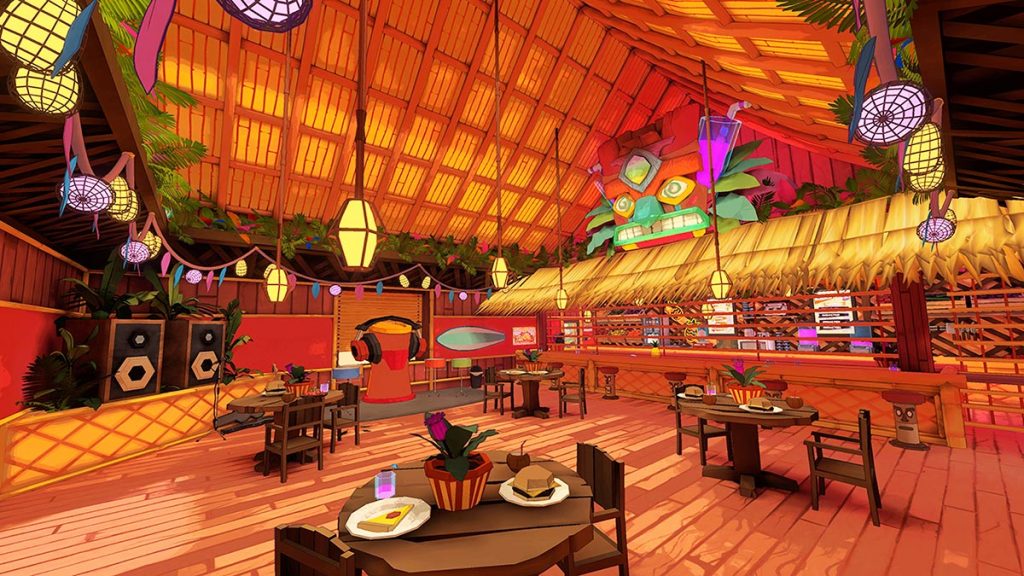 A video game screen showing a stylized tiki bar.