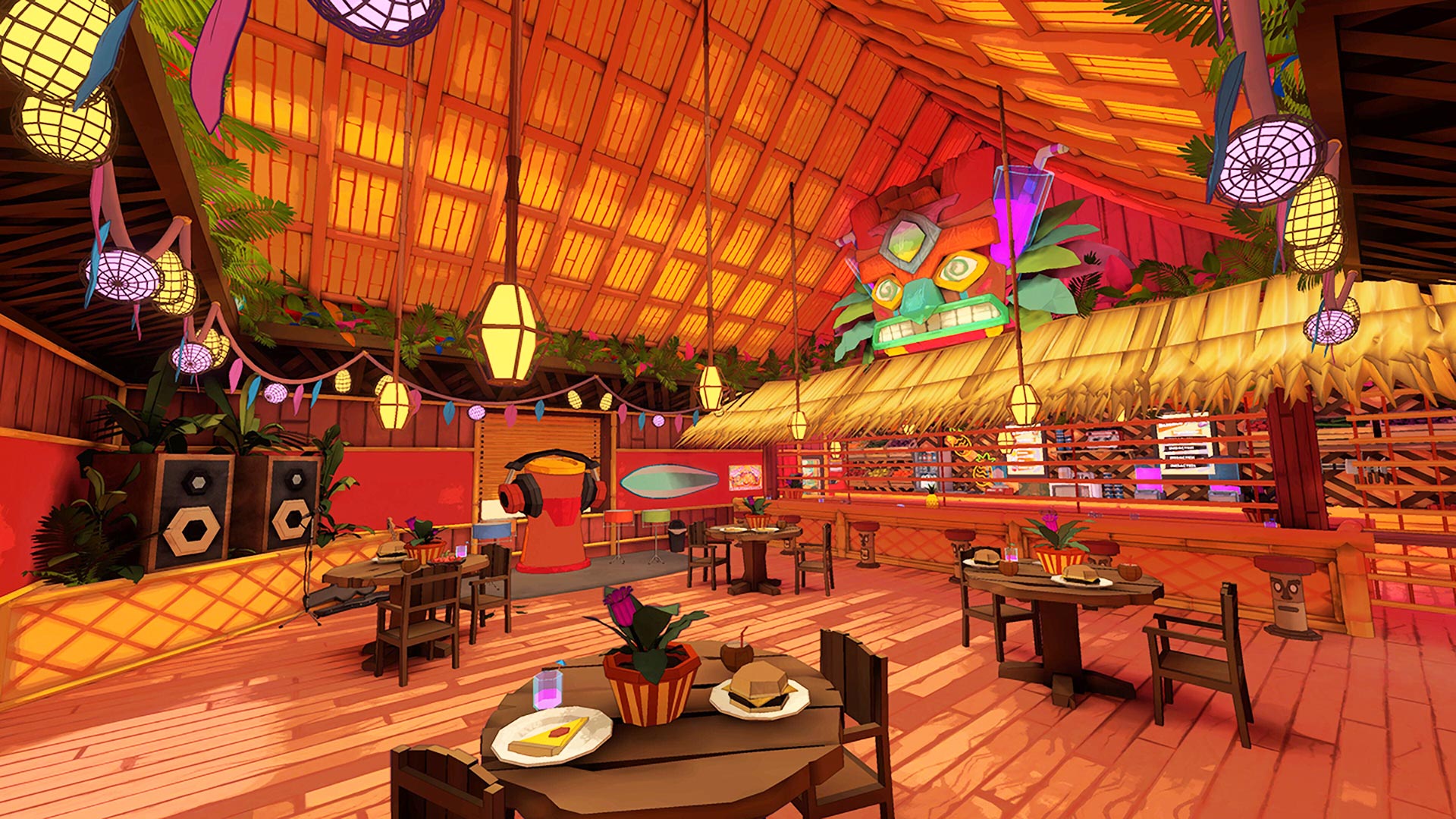 A video game screen showing a mysterious tiki lounge escape room