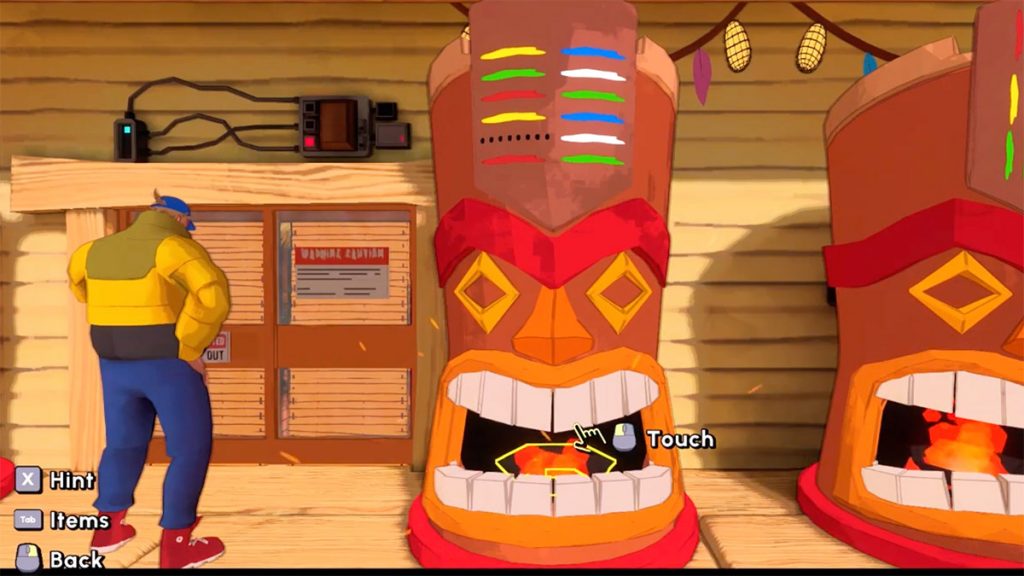 A character looking at large Tiki Fire Statues.